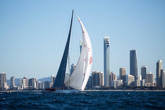 Wild Oats XI aiming at the finish against Gold Coast backdrop. - Land Rover Sydney Gold Coast Yacht Race 2014 © Michael Jennings